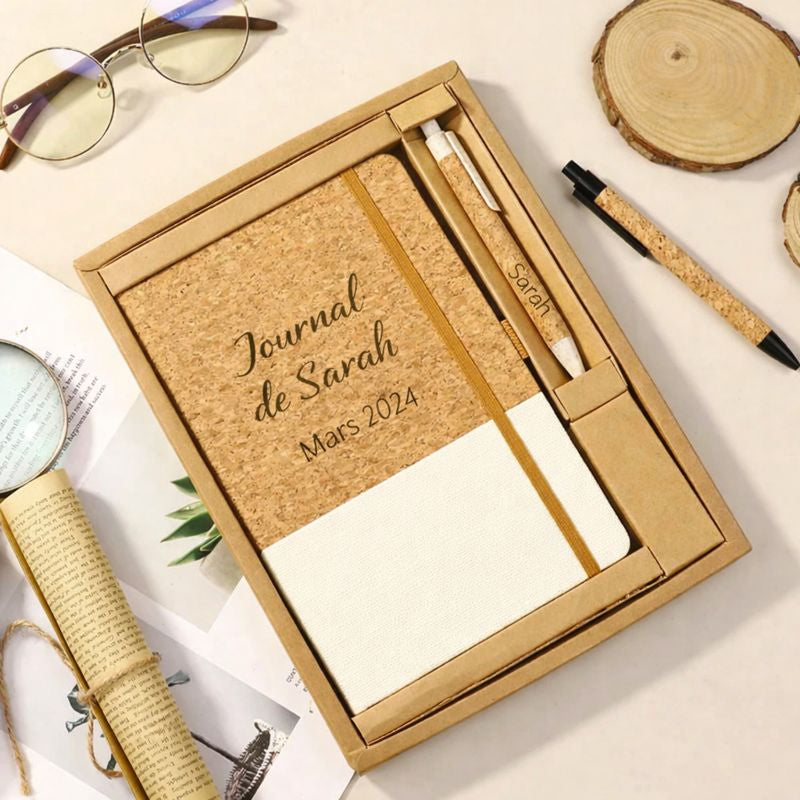 coffret carnet plus crayon en liège et faux cuir